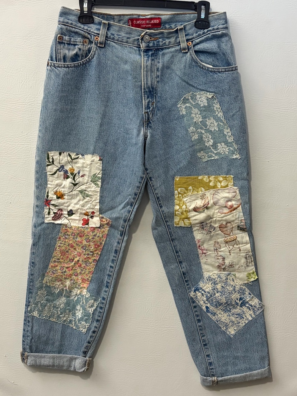 Levi's Relaxed 550 Light Blue Boyfriend Jeans with Floral Patchwork 10